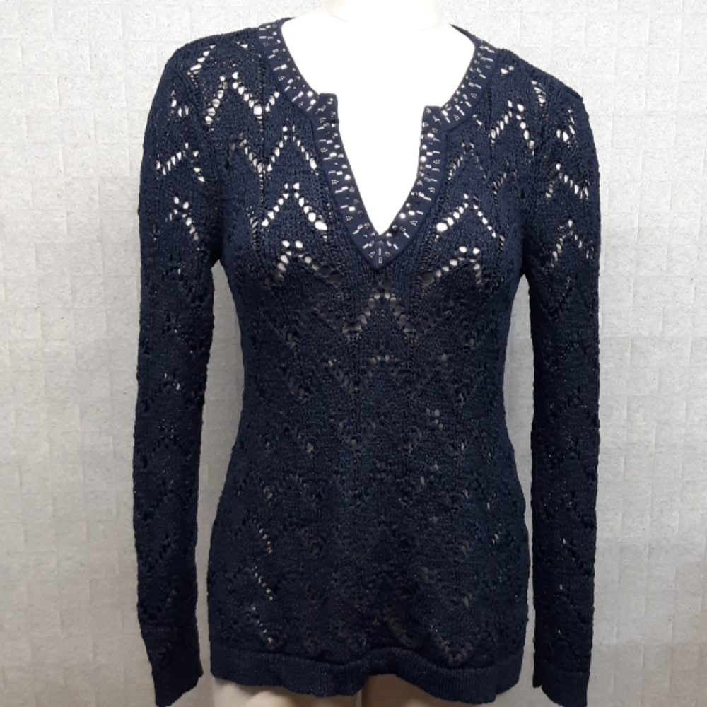 White House Black Market Navy Openwork V-Neck Sweater